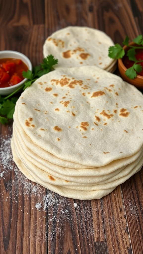 Freshly made flour tortillas stacked on a wooden table with salsa and cilantro.